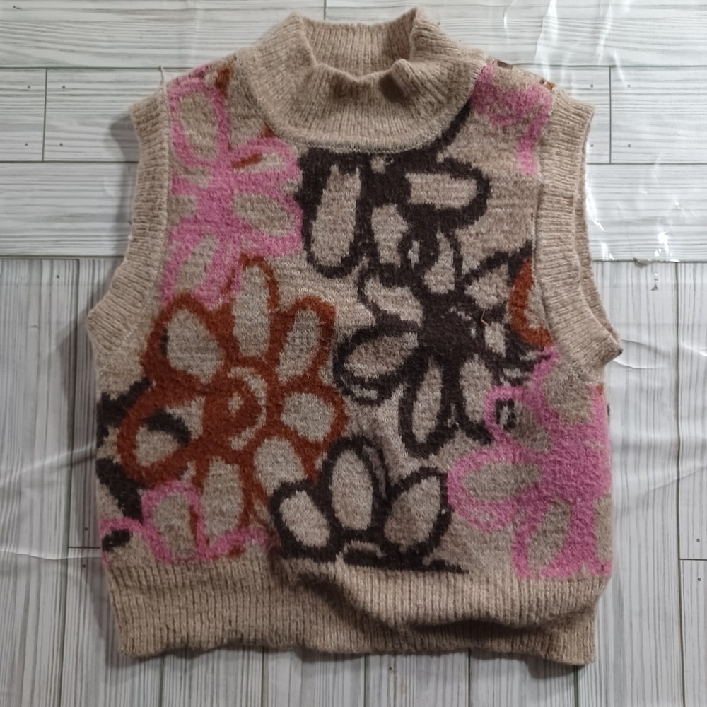 LA Hearts Womens Floral Mock Neck Sweater Vest Tan Pink Brown Size Small
